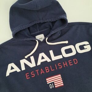 Analog Crux PO Hoodie Mens M Navy Blue Cotton Blend Graphic Print Thumbholes